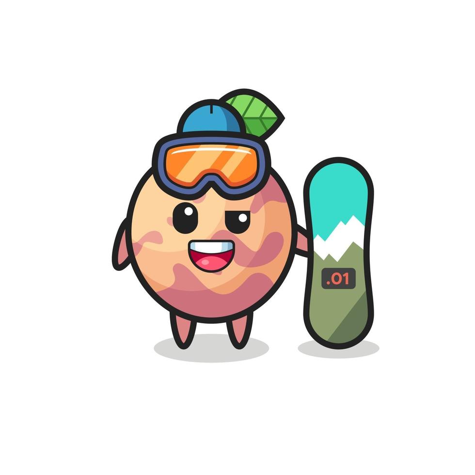 Ilustración de personaje de fruta pluot con estilo de snowboard vector