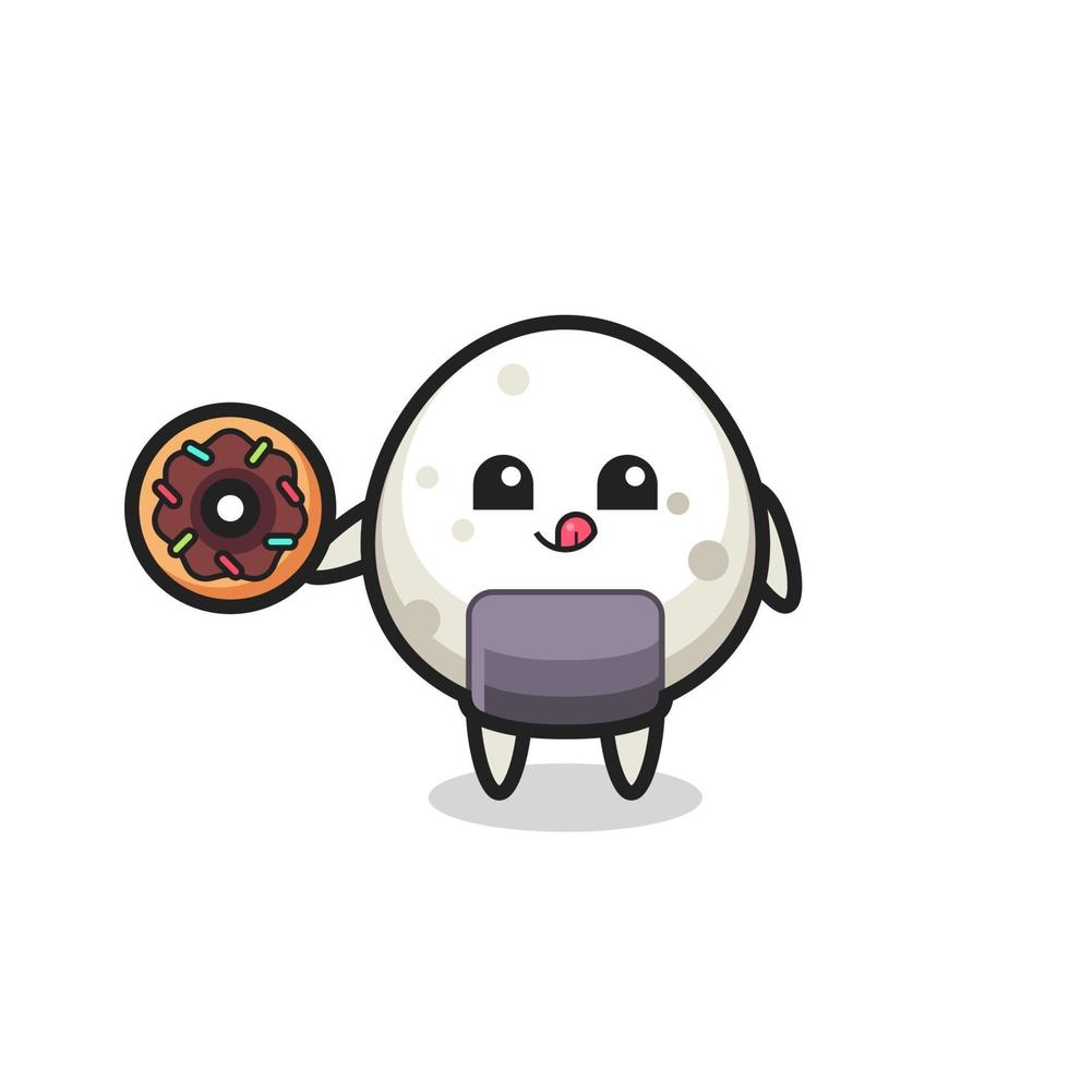 illustration of an onigiri character eating a doughnut vector