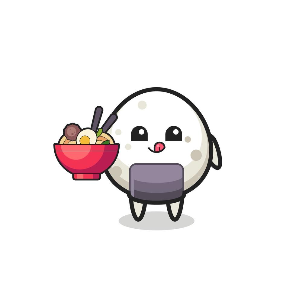 lindo personaje onigiri comiendo fideos vector