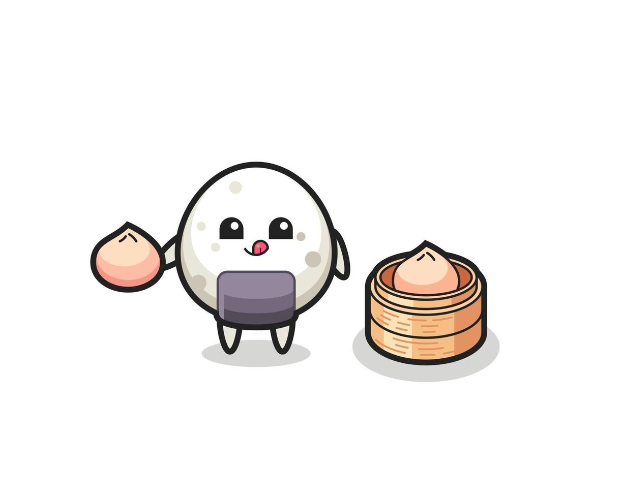 cute onigiri character eating steamed buns vector