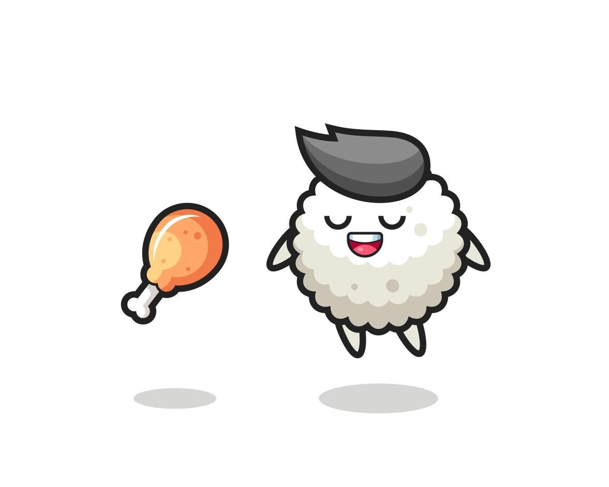 cute rice ball floating and tempted because of fried chicken vector