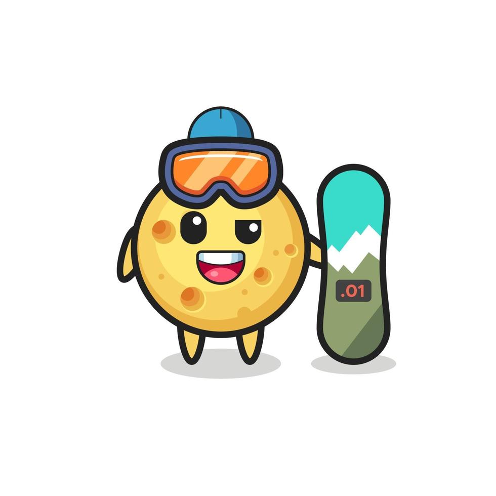 Ilustración de personaje de queso redondo con estilo de snowboard vector