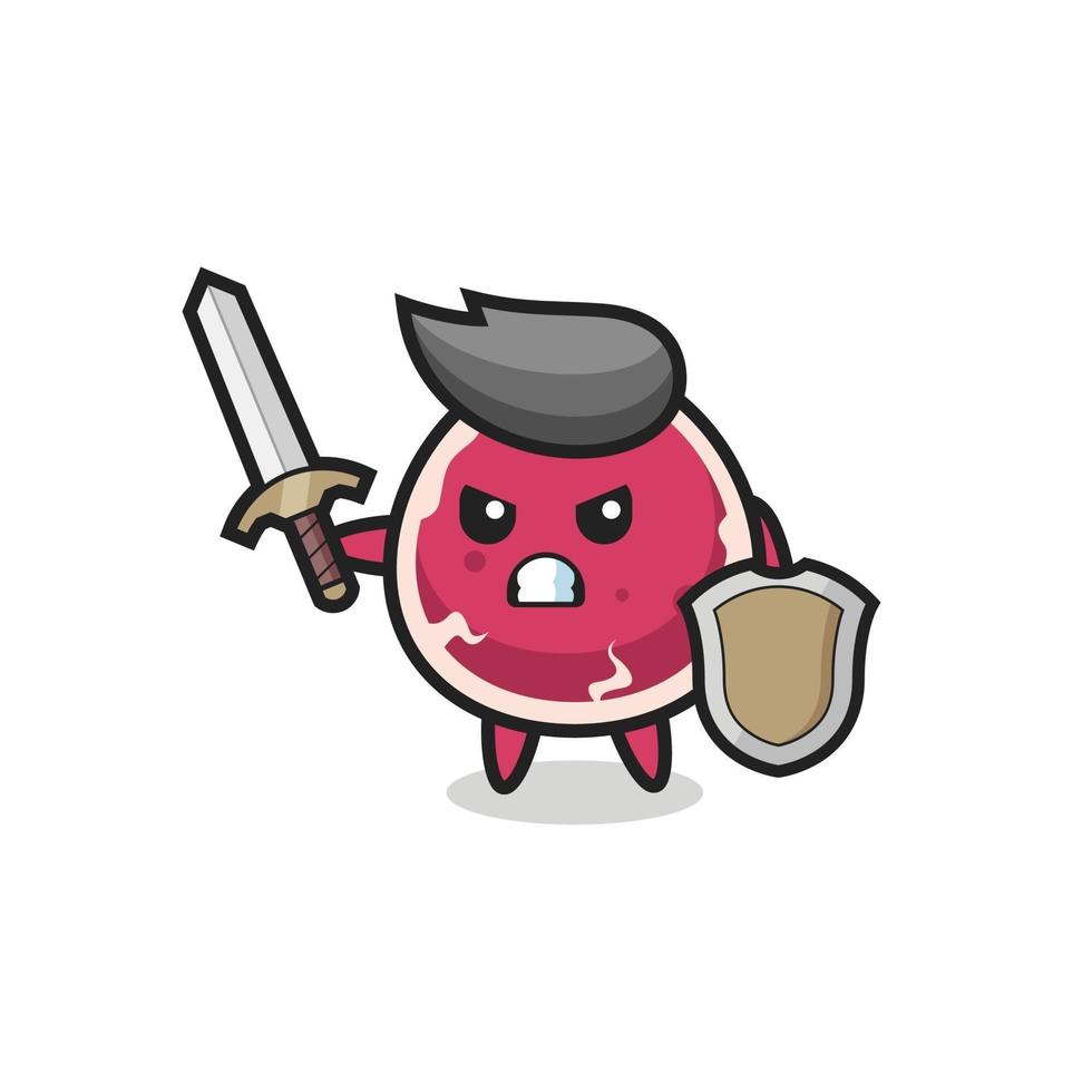 cute beef soldier fighting with sword and shield vector