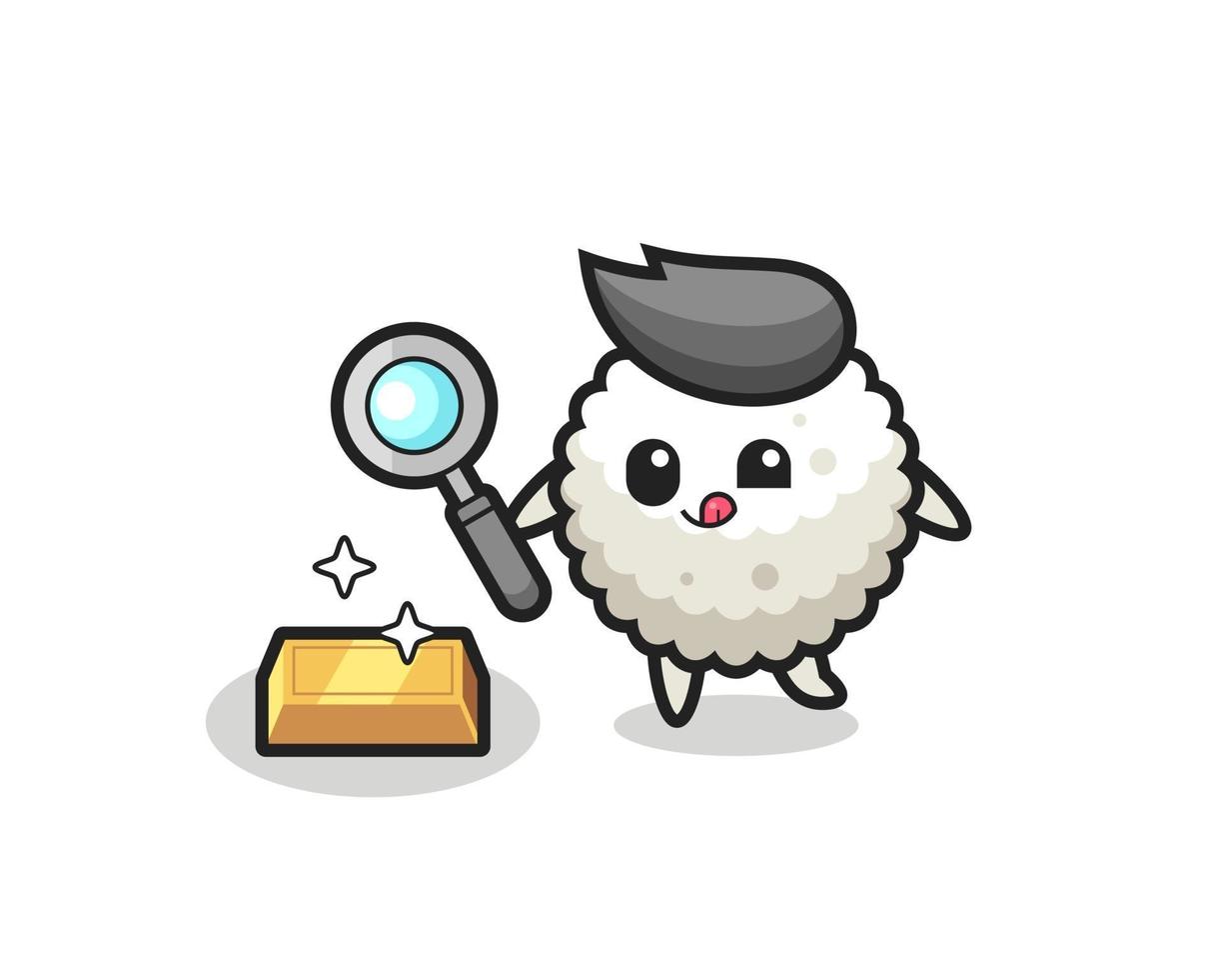 rice ball character is checking the authenticity of the gold bullion vector