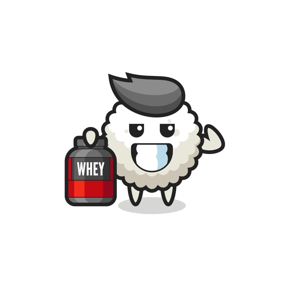 the muscular rice ball character is holding a protein supplement vector