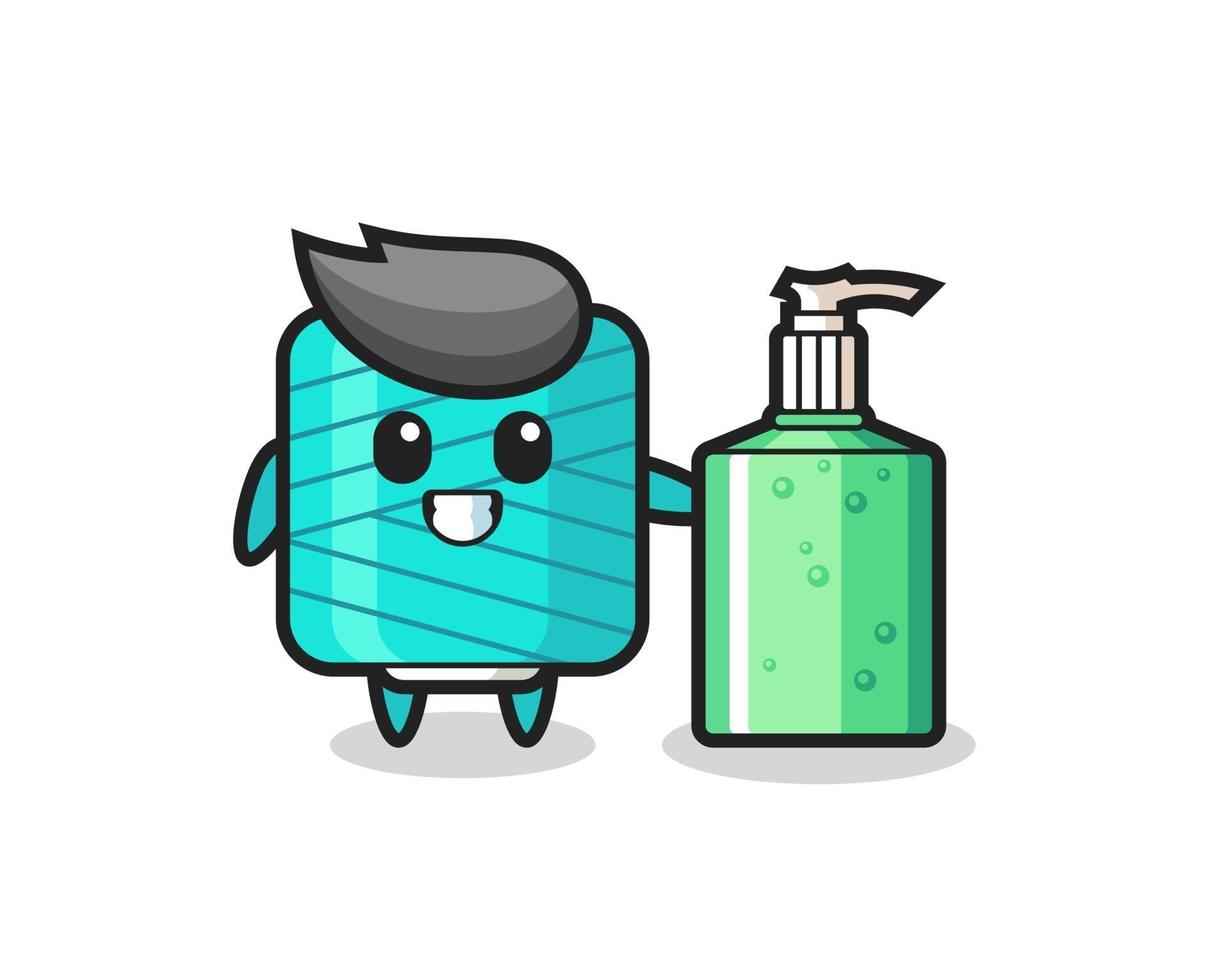 cute yarn spool cartoon with hand sanitizer vector