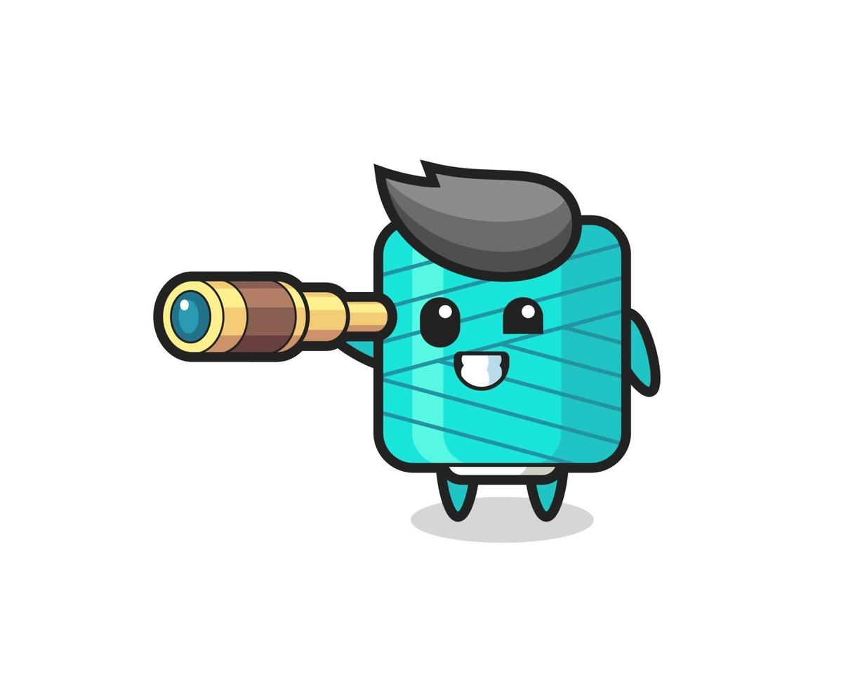 cute yarn spool character is holding an old telescope vector