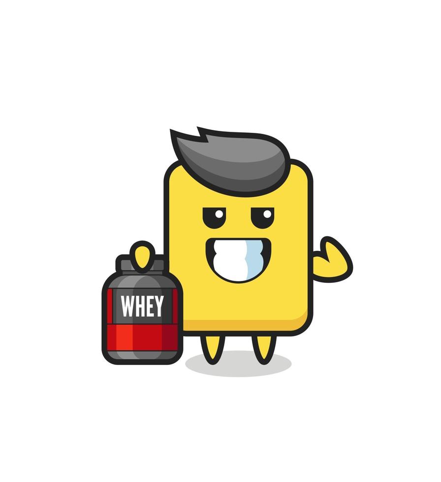 the muscular yellow card character is holding a protein supplement vector
