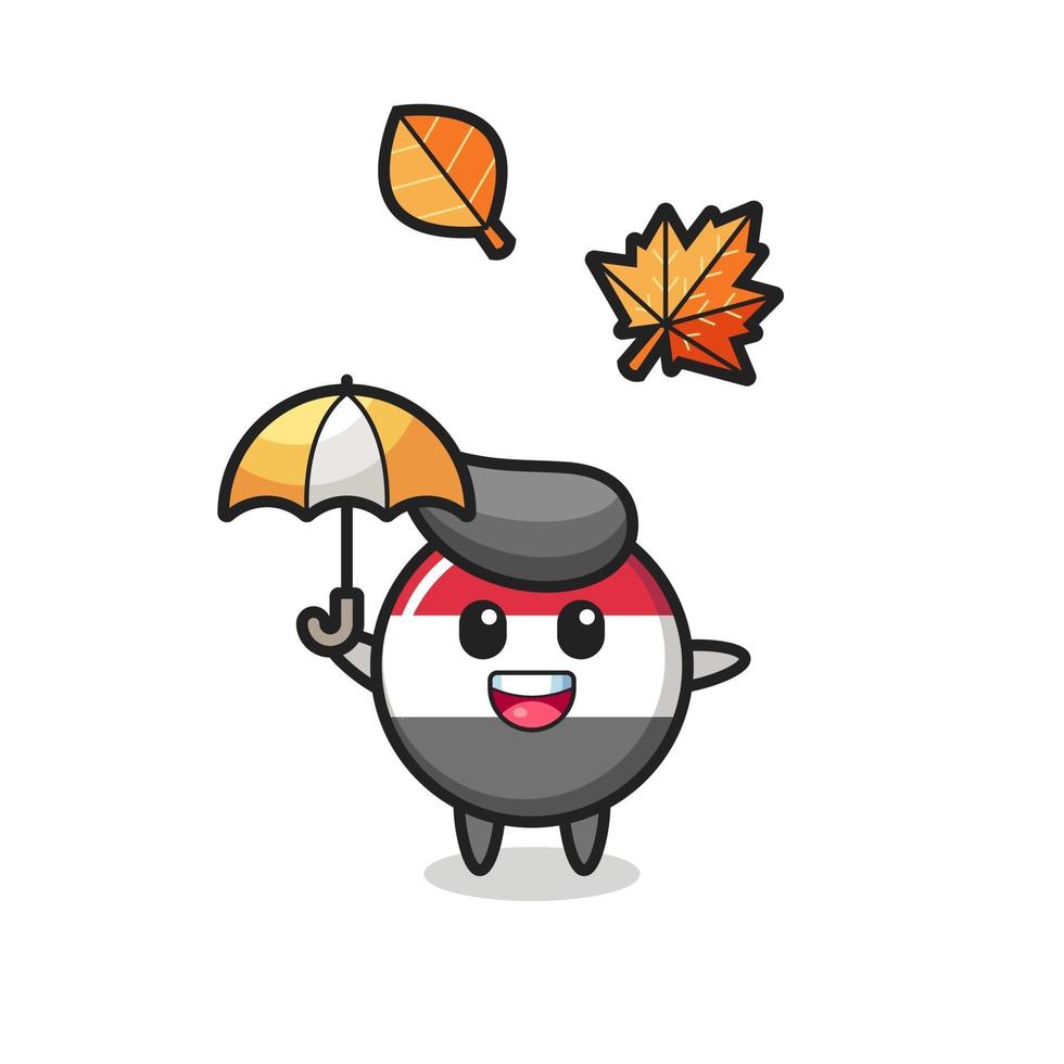 cartoon of the cute yemen flag badge holding an umbrella in autumn vector