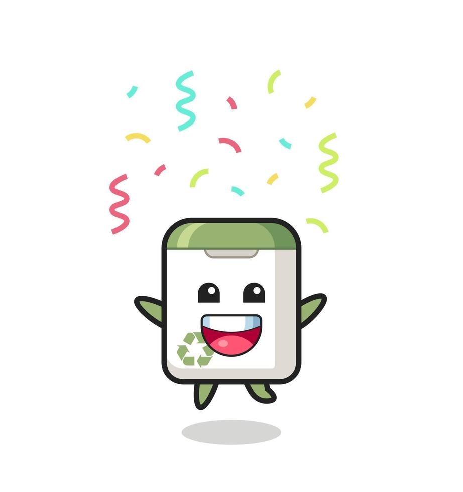 happy trash can mascot jumping for congratulation with colour confetti vector