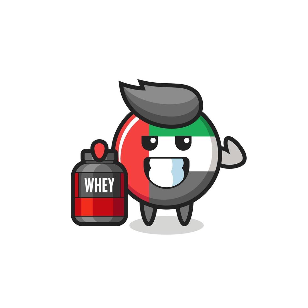 the muscular uae flag badge character is holding a protein supplement vector
