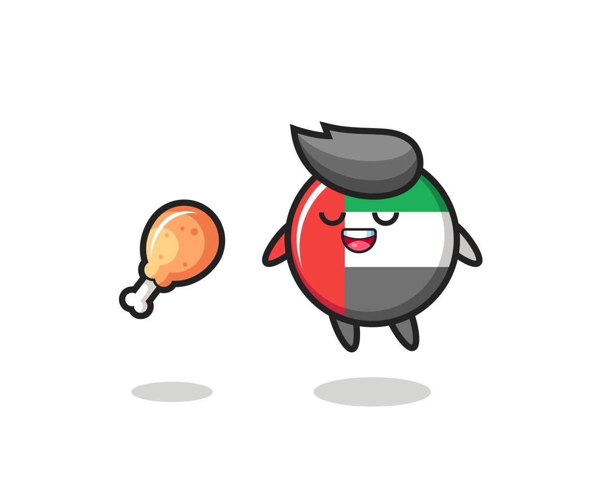 linda insignia de la bandera de los emiratos árabes unidos flotando y tentada por el pollo frito vector