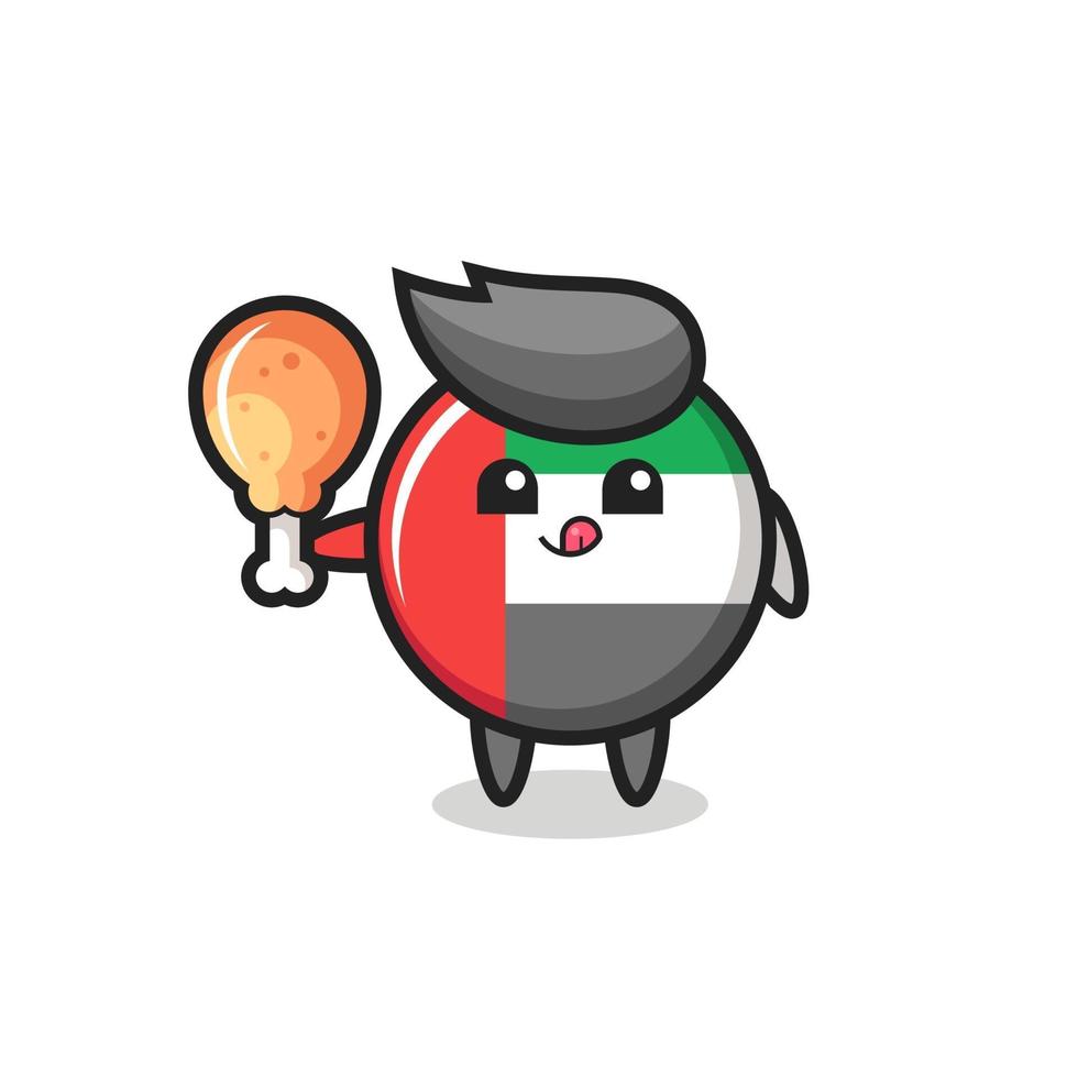 uae flag badge cute mascot is eating a fried chicken vector