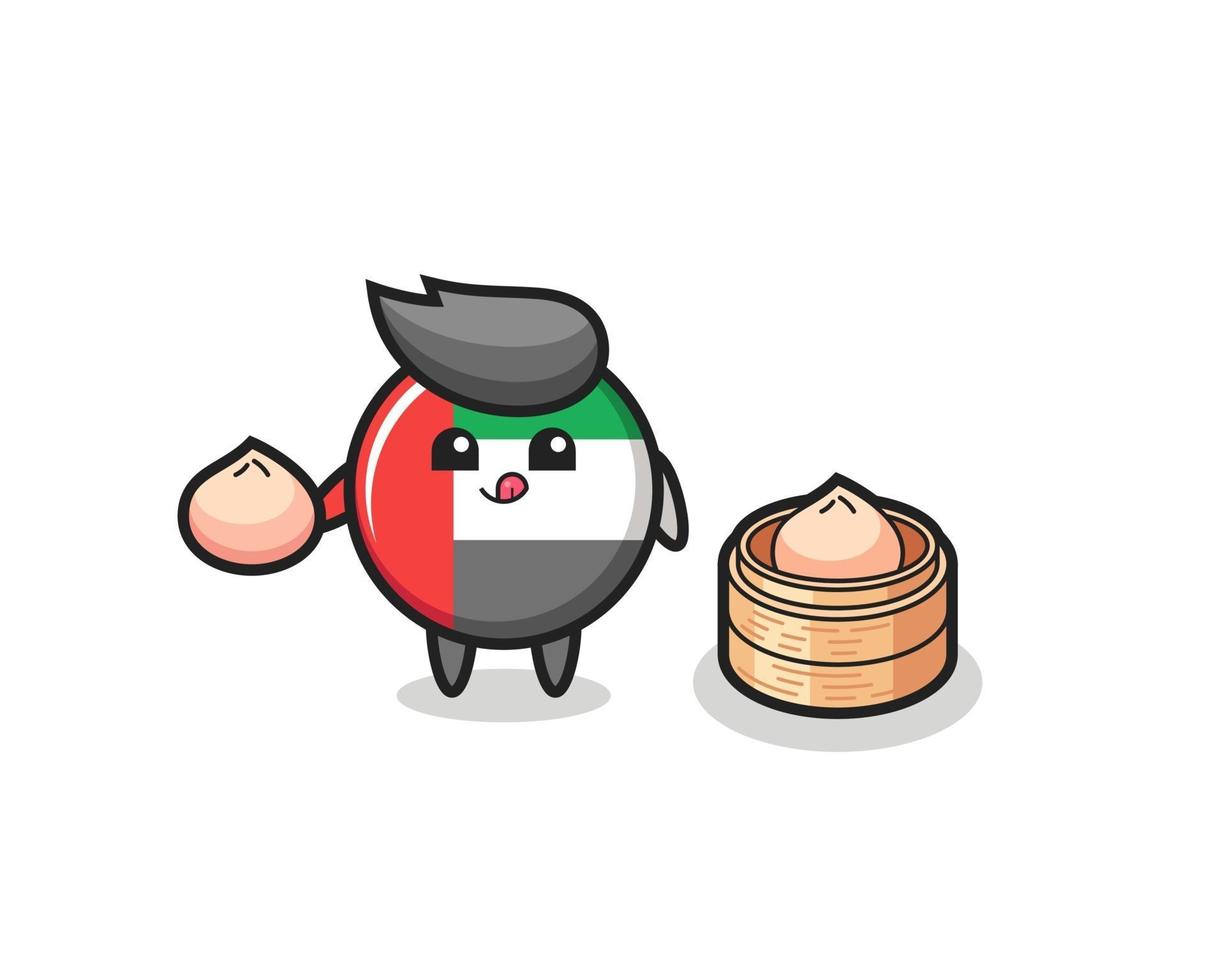 cute uae flag badge character eating steamed buns vector