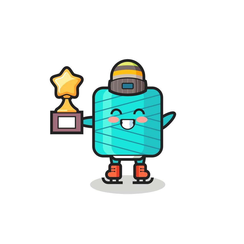 yarn spool cartoon as an ice skating player hold winner trophy vector