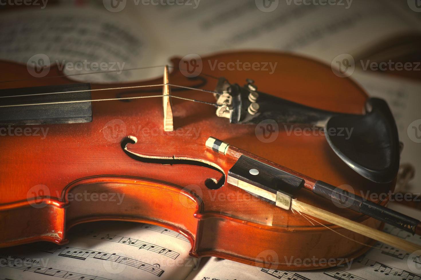 Violin and bow resting on sheet music photo