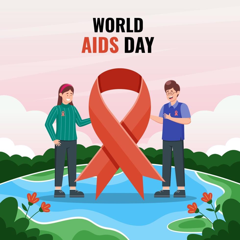 World AIDS Day with Characters Holding Red Ribbon vector