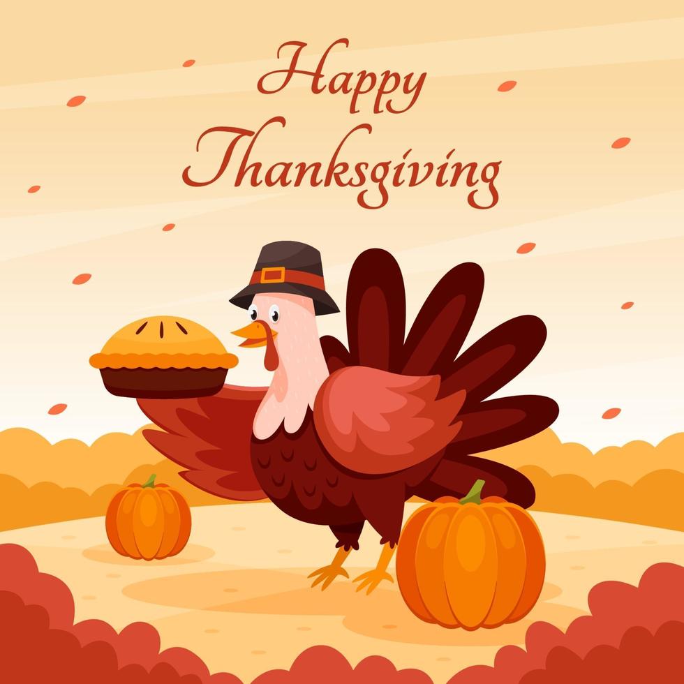 feliz día de acción de gracias con personaje de pavo y calabazas vector