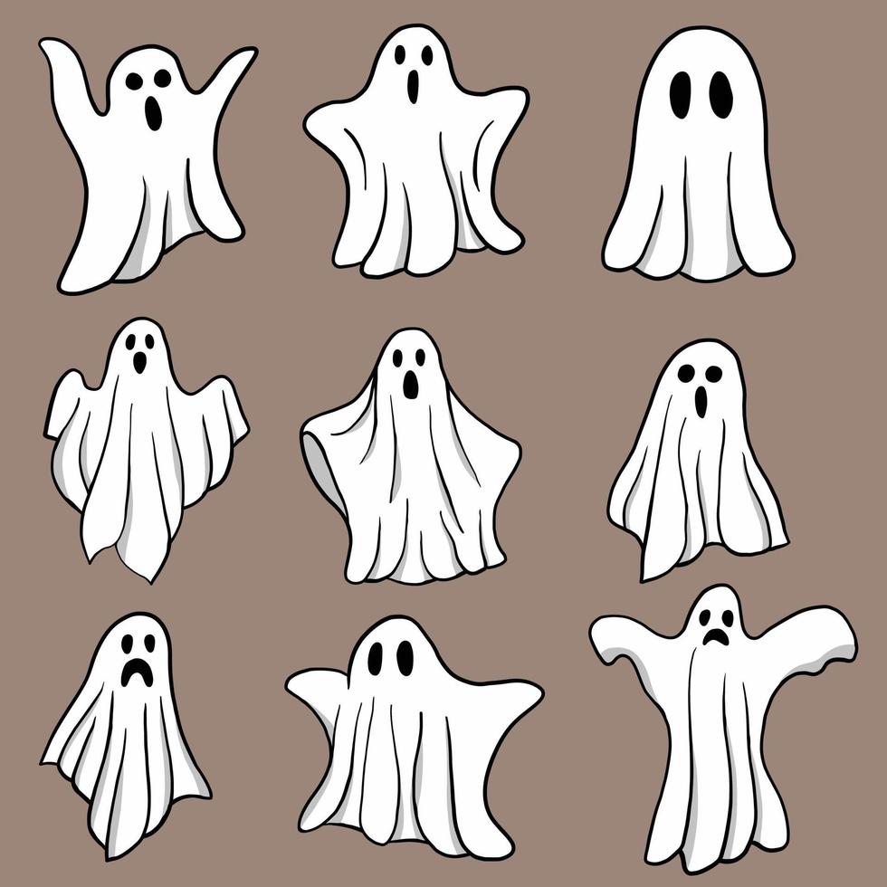 Simplicity halloween ghost freehand drawing flat design collection. vector