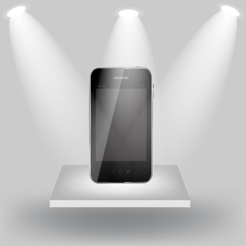 Mobile phone on white shelf on light grey background vector