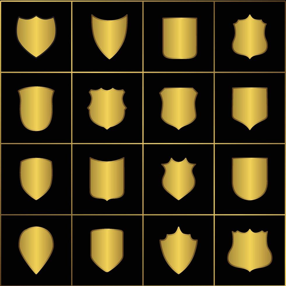 Golden heraldic shields. Retro style borders, frames, labels vector