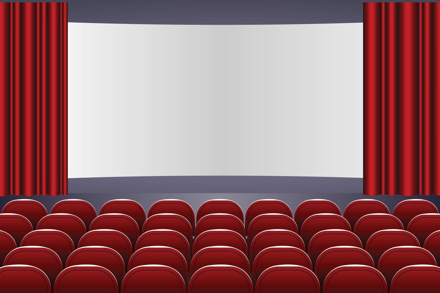 Theater auditorium with rows of red seats and stage with curtain vector