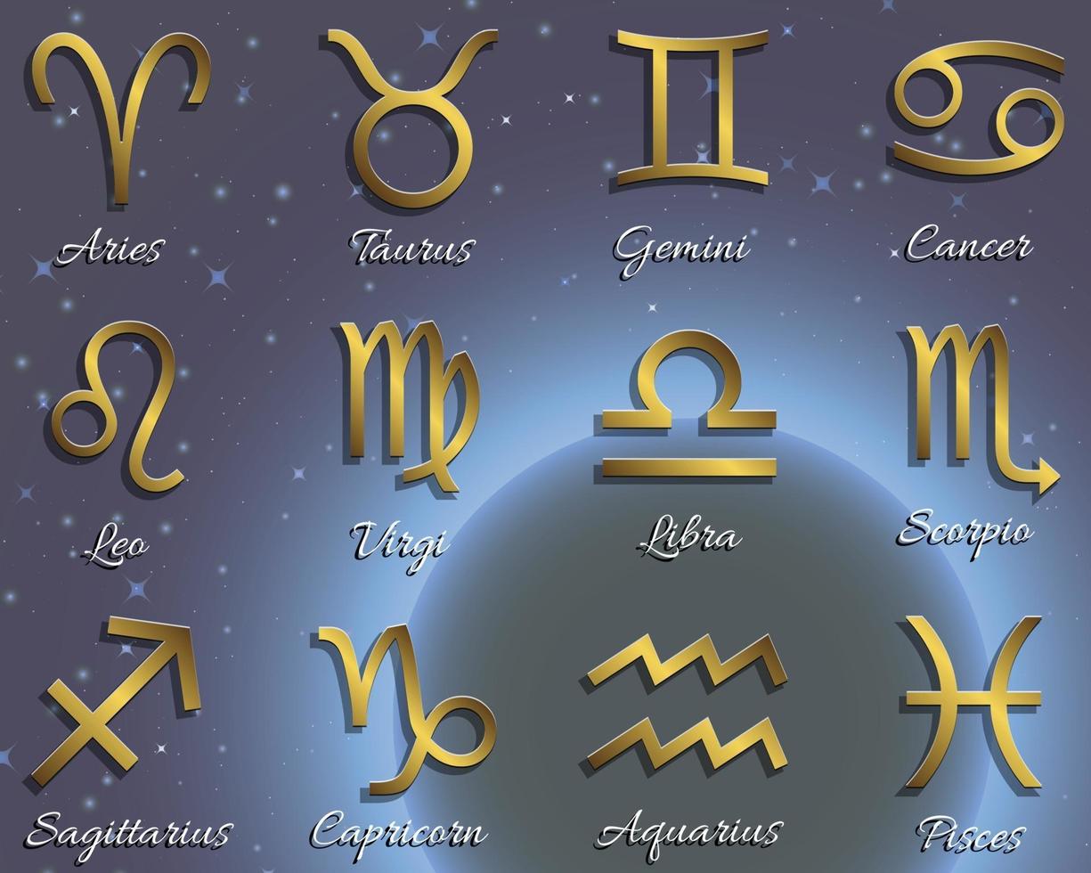 zodiac symbols, gold icons with shadow on the sky vector
