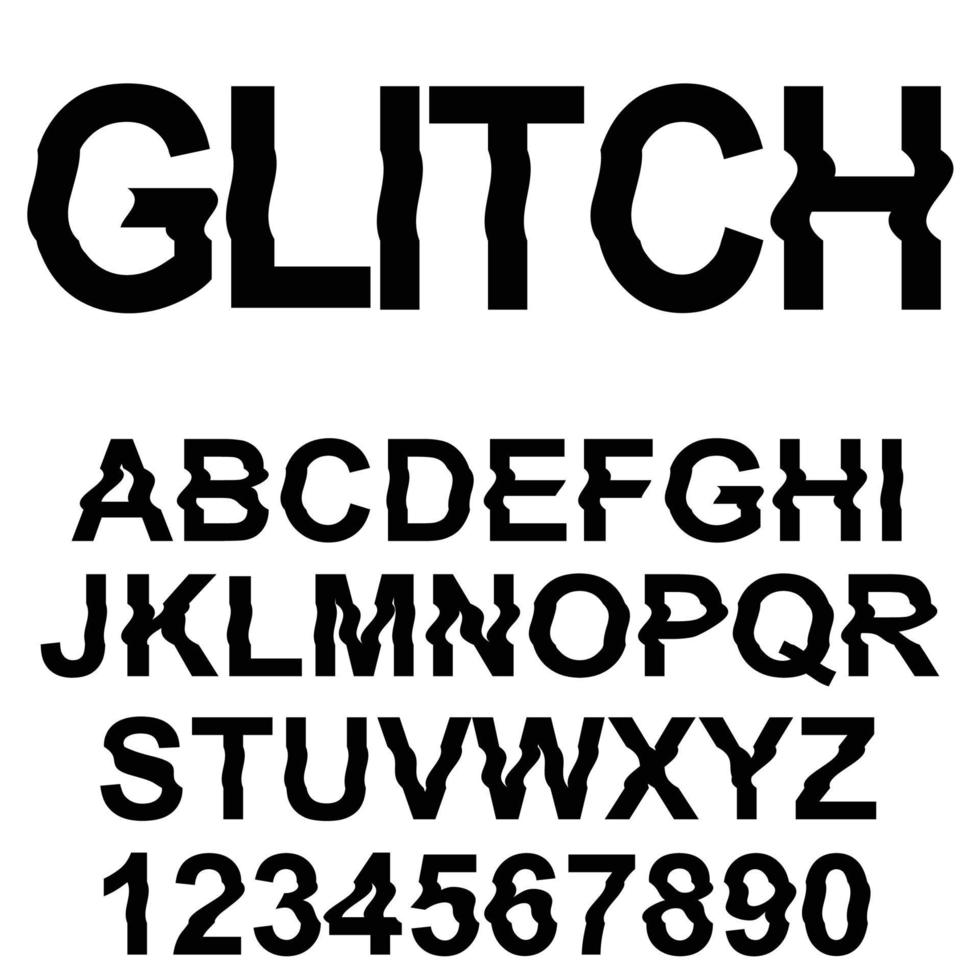 Glitch distortion typeface. Letters and numbers vector