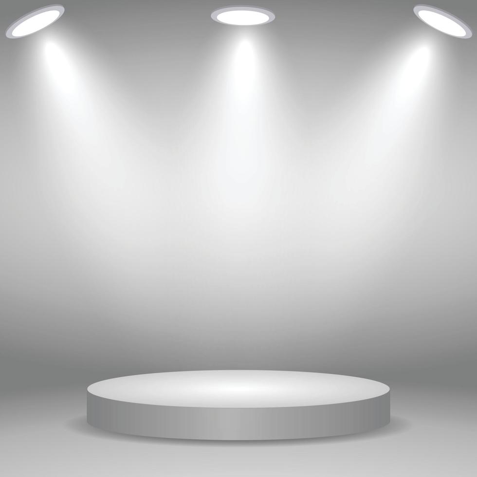 Round podium, pedestal or platform illuminated by spotlights vector