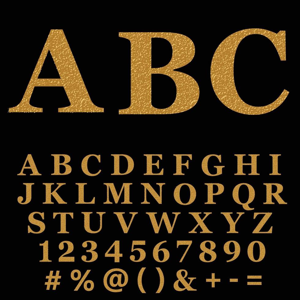 Glitter alphabet made of gold shiny confetti. vector