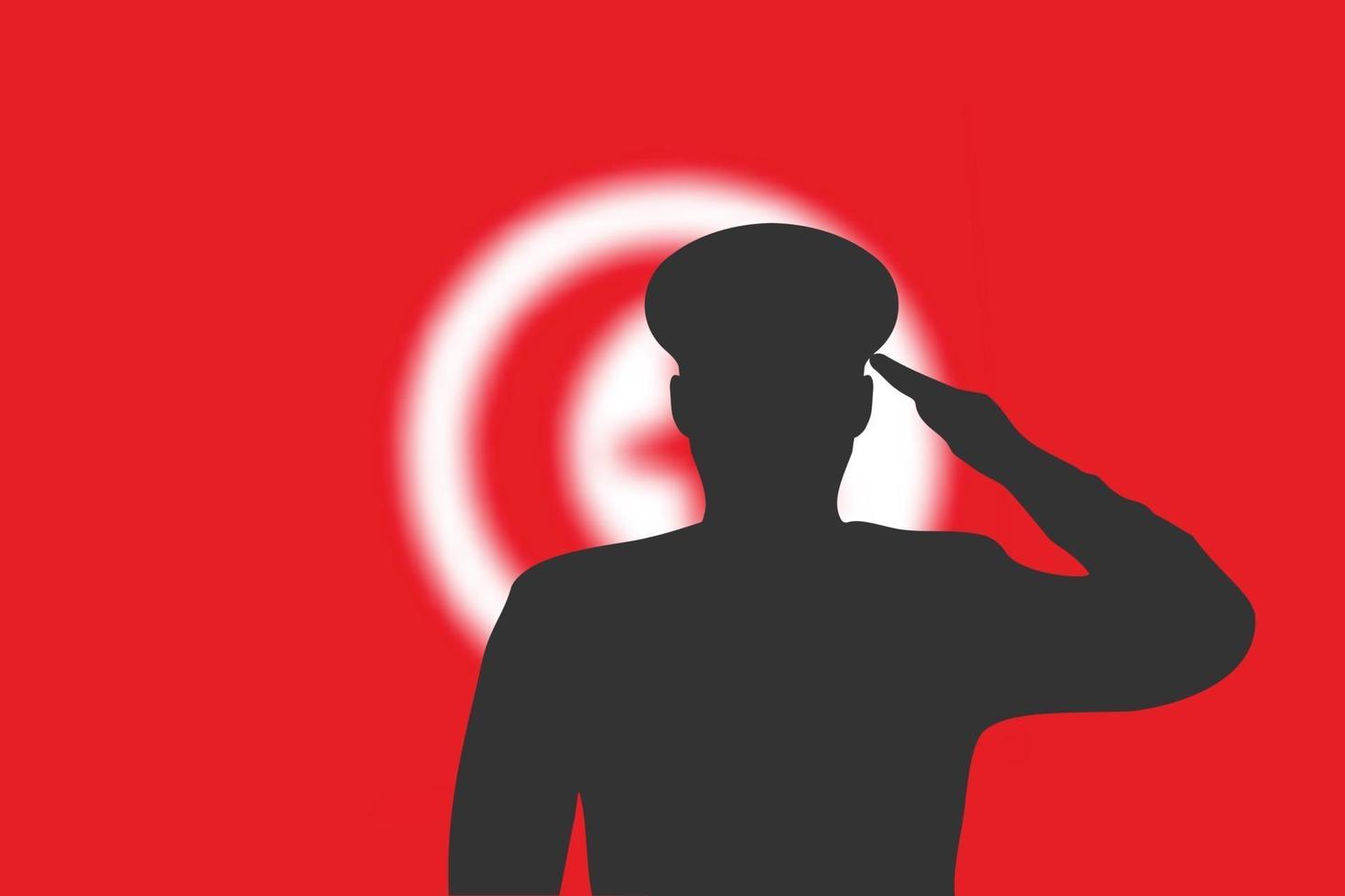 Solder silhouette on blur background with Tunisia flag. vector