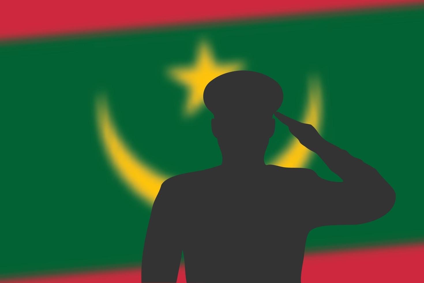 Solder silhouette on blur background with Mauritania flag. vector