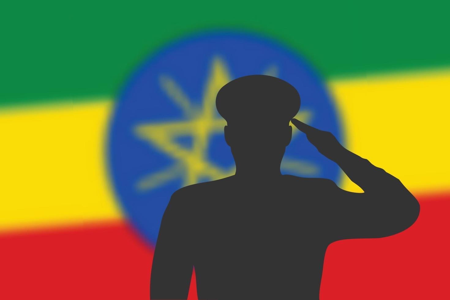 Solder silhouette on blur background with Ethiopia flag. vector