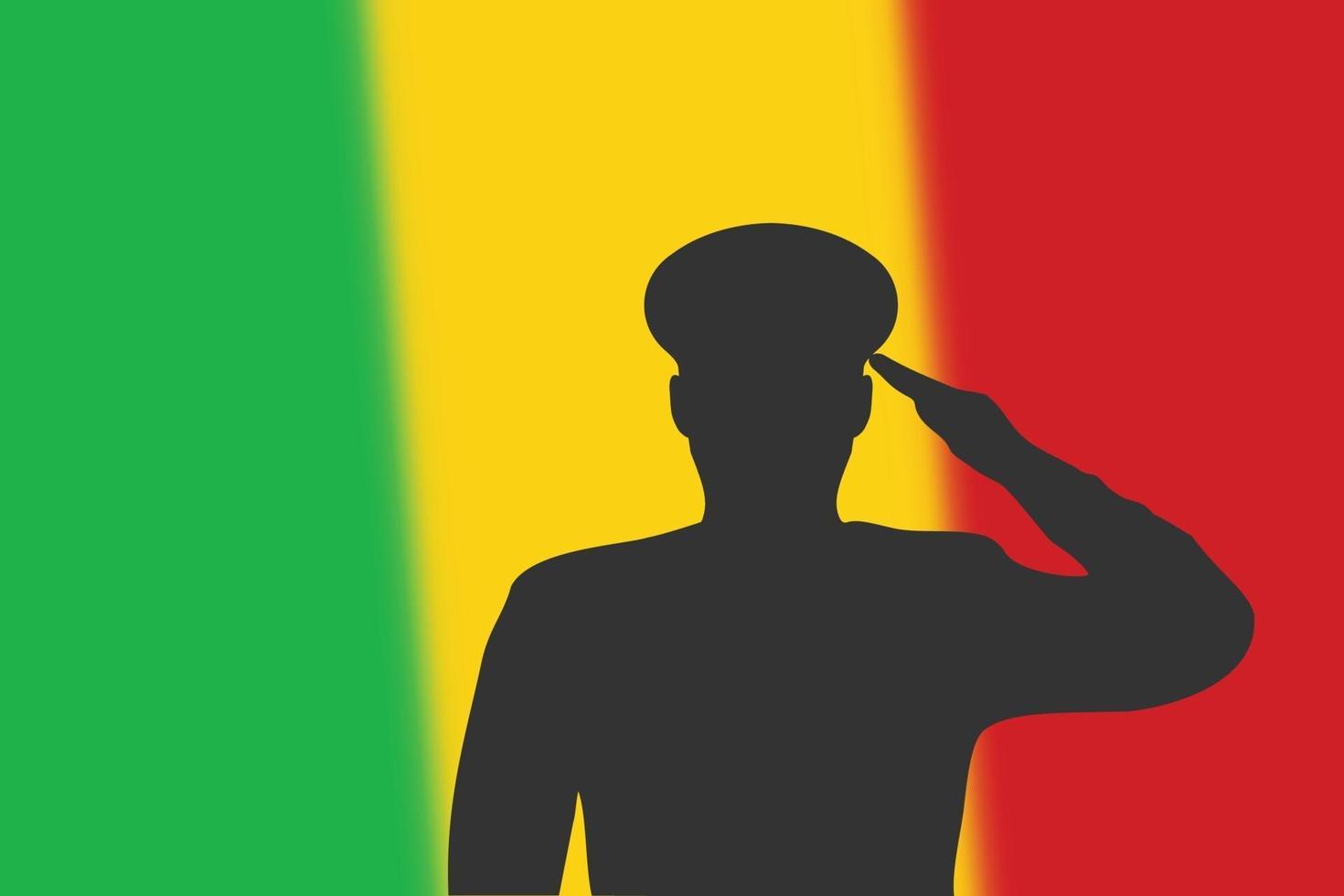 Solder silhouette on blur background with Mali flag. vector