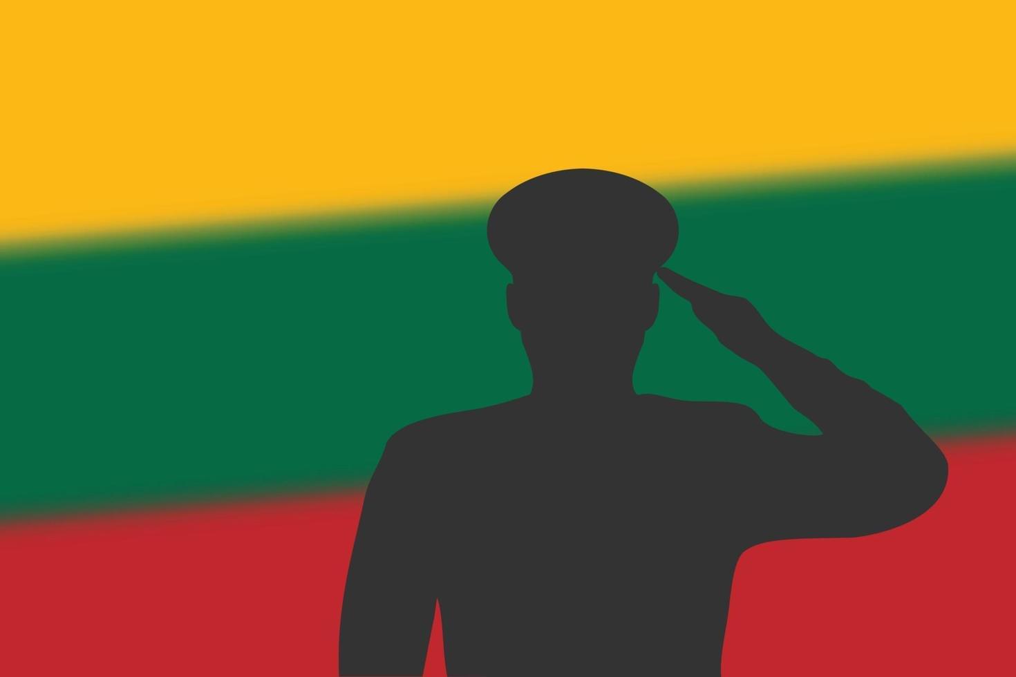 Solder silhouette on blur background with Lithuania flag. vector