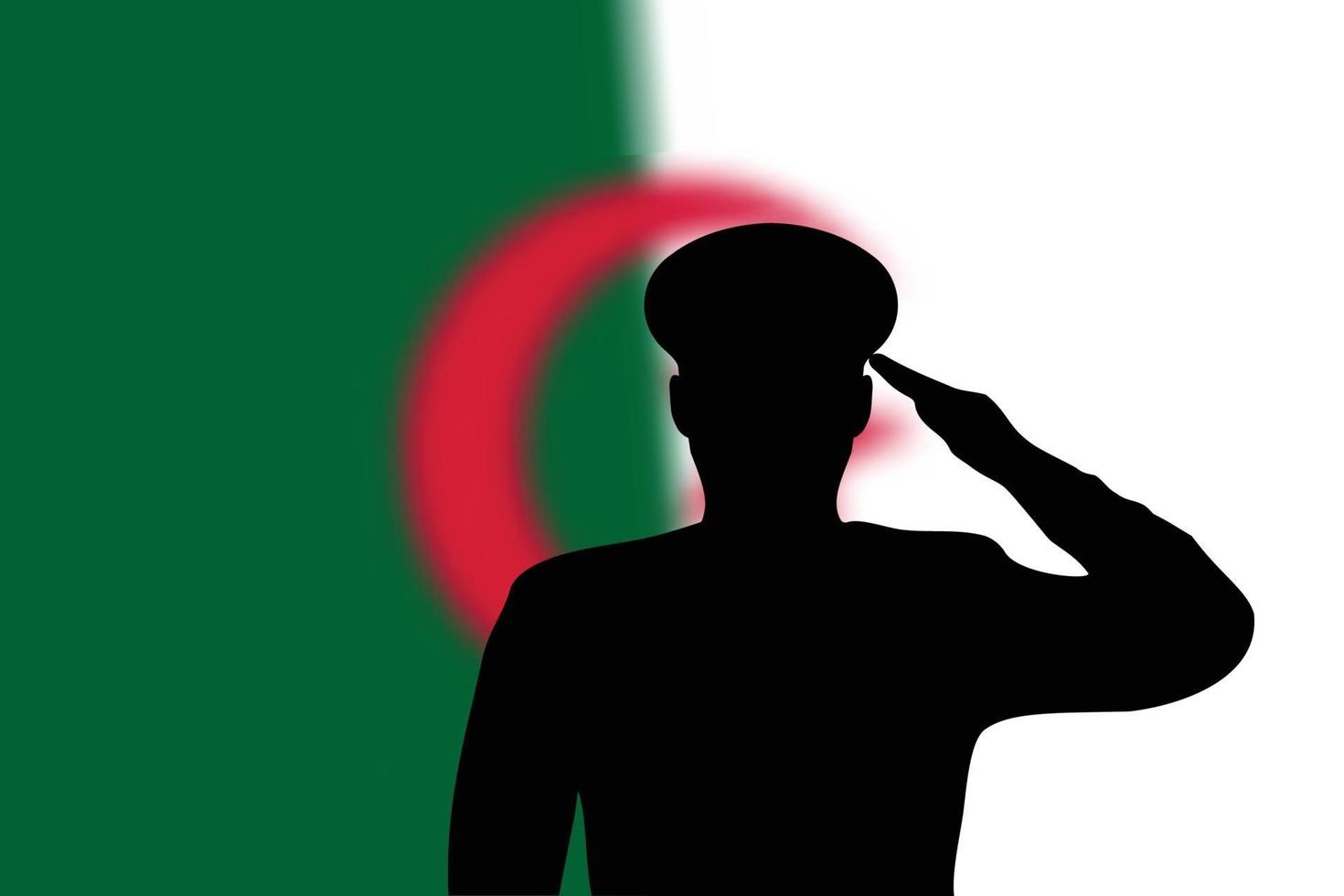 Solder silhouette on blur background with Algeria flag. vector