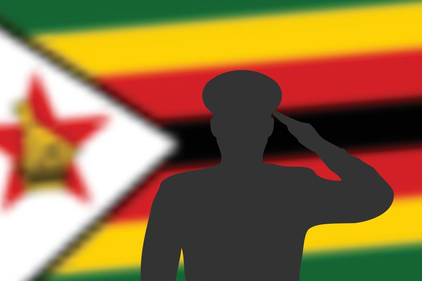 Solder silhouette on blur background with Zimbabwe flag. vector