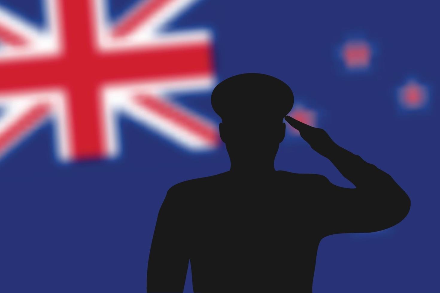 Solder silhouette on blur background with New Zealand flag. vector