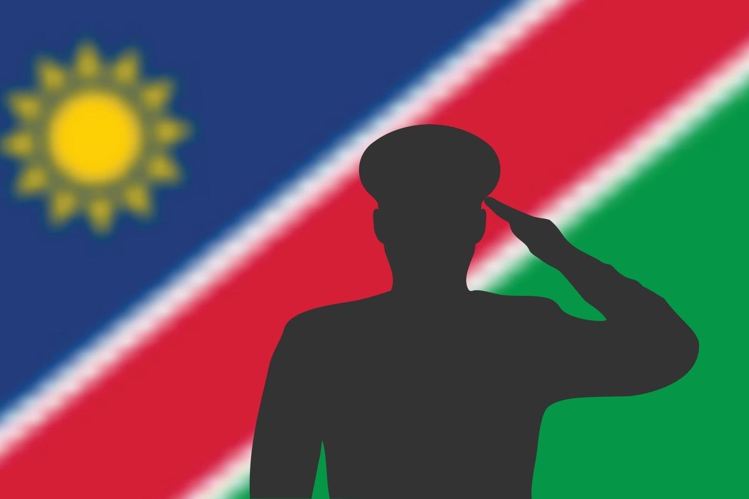 Solder silhouette on blur background with Namibia flag. vector