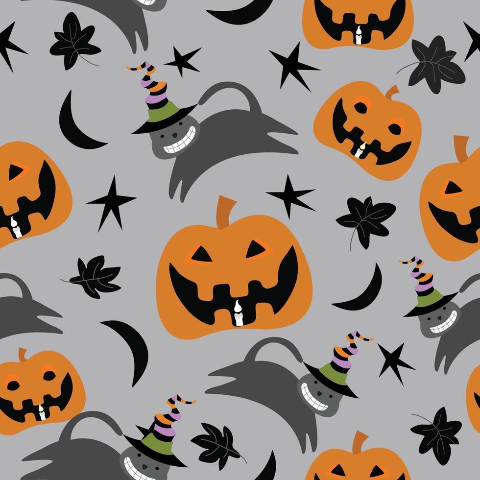 Cute  pumpkin and black cat  with ornament  seamless pattern vector