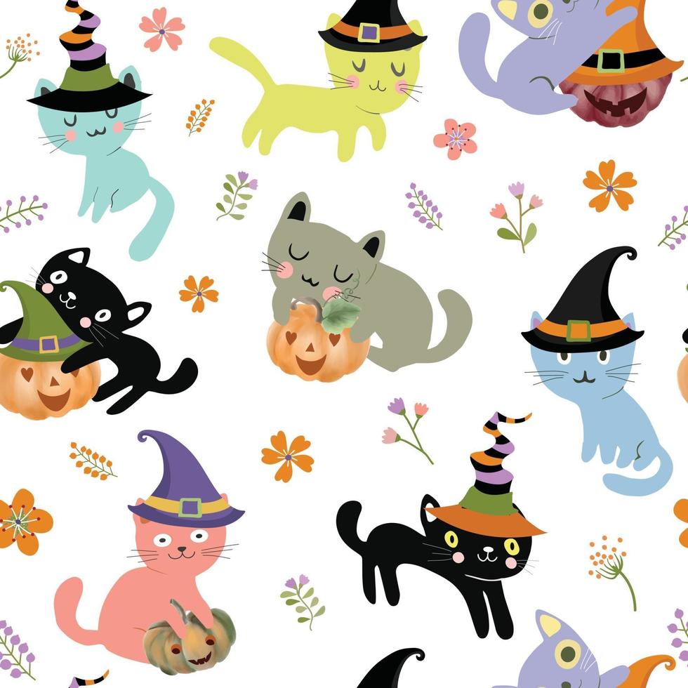 lindo, gatito, gato, familia, en, halloween, plano de fondo, seamless, patrón vector