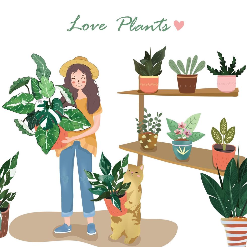 linda mujer y su gato felices con hermosas plantas vector