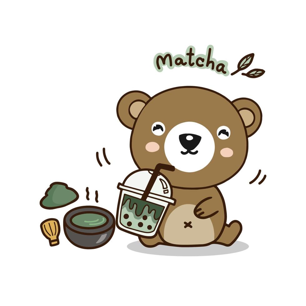 lindo oso bebiendo té verde macha.Personaje de dibujos animados lindo. vector