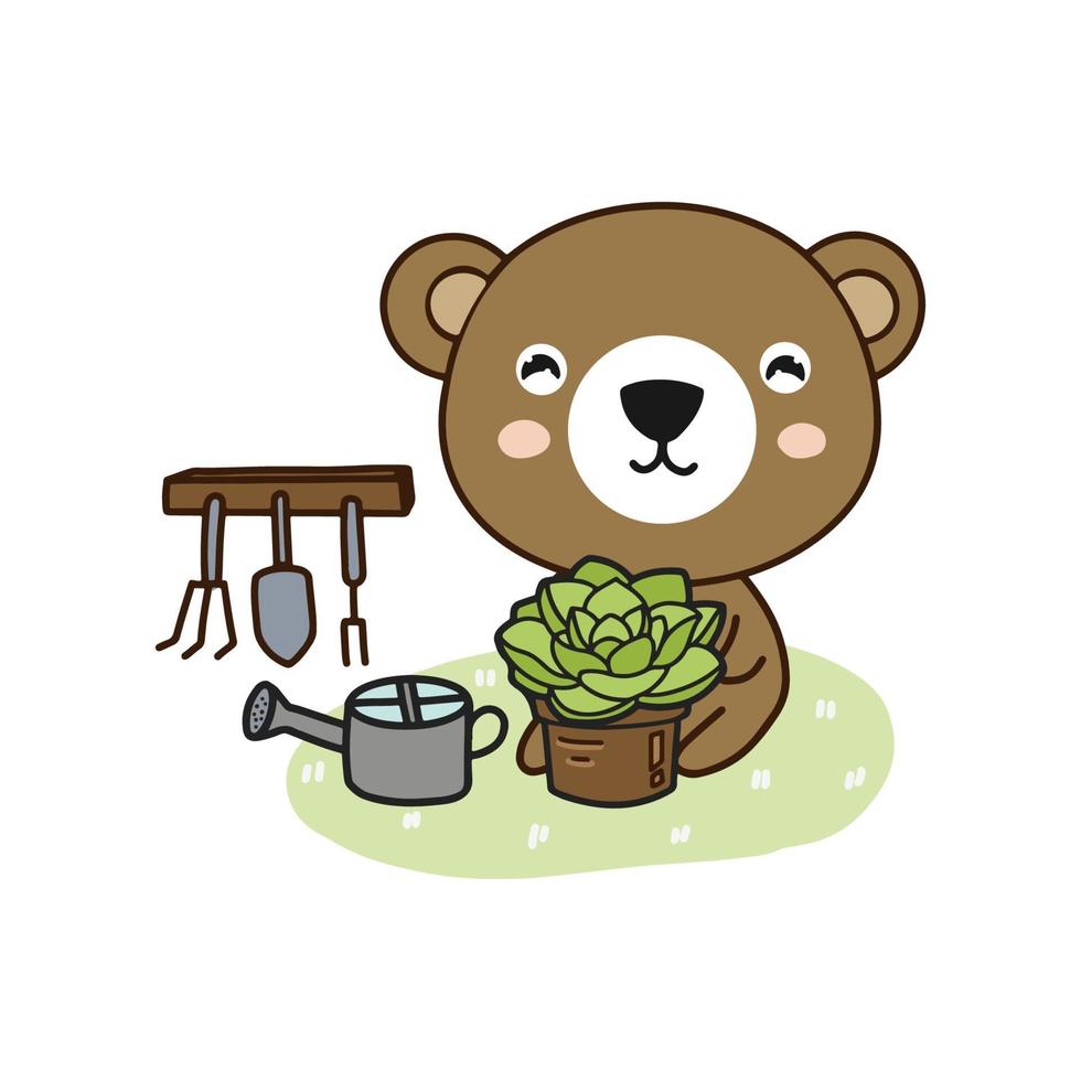 Little bear planting garden.Cute cartoon character. vector