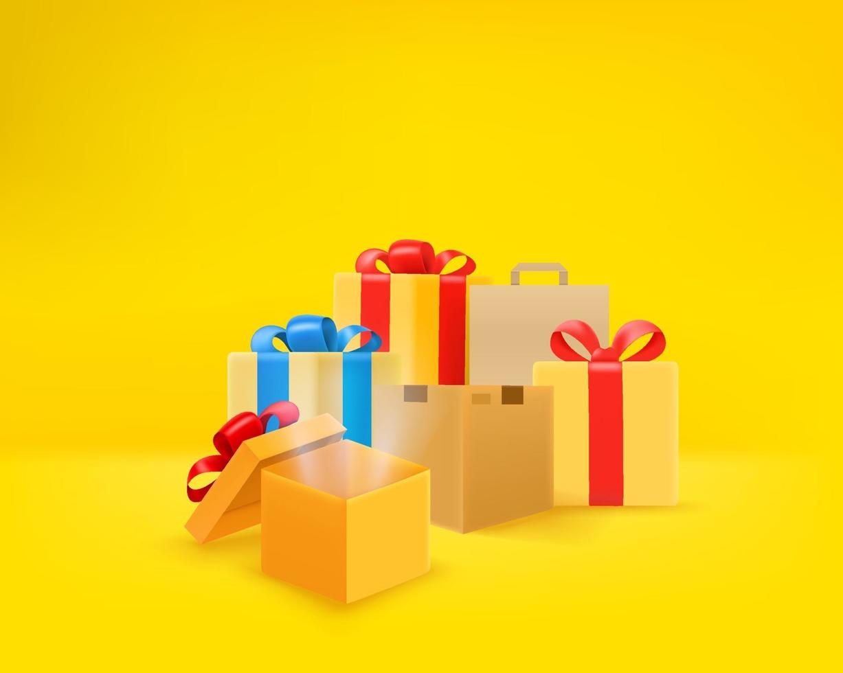 conjunto de cajas de regalo sobre fondo amarillo vector