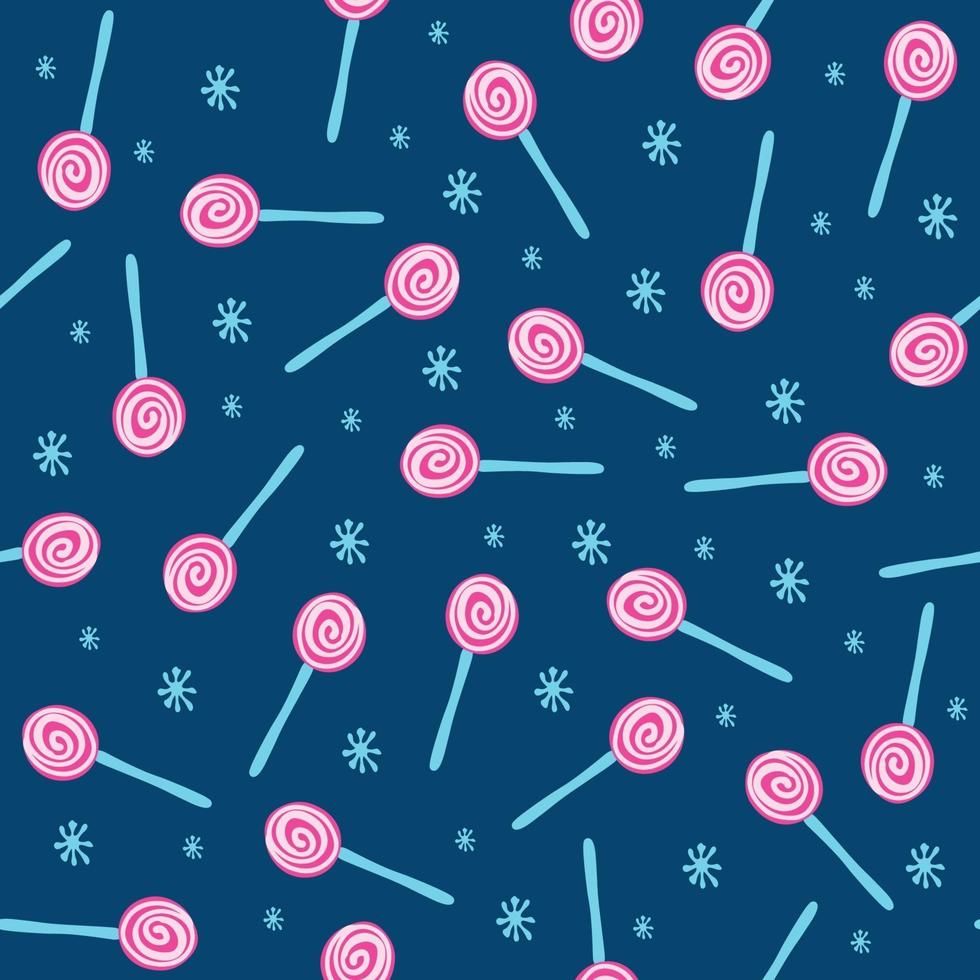 Vector seamless pattern with lollipops,  snowflakes on a dark blue.