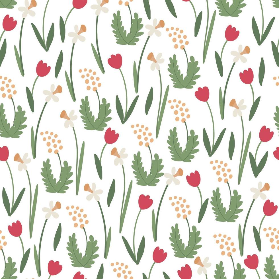 Spring floral seamless pattern with tulips, daffodils and mimosa vector