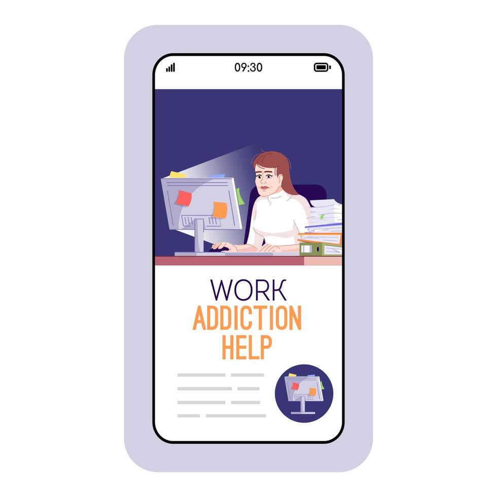 Work addiction help cartoon smartphone vector app screen