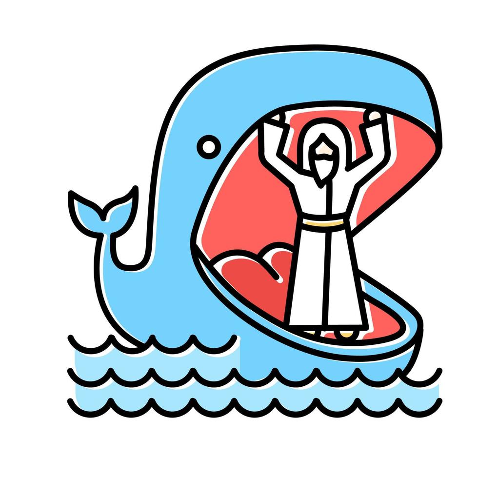 Jonás y ballena icono de color azul vector