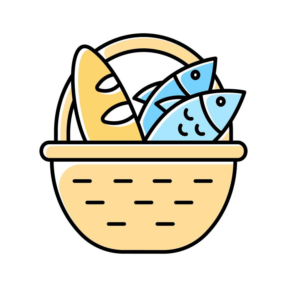 Bread and fish in basket yellow color icon vector